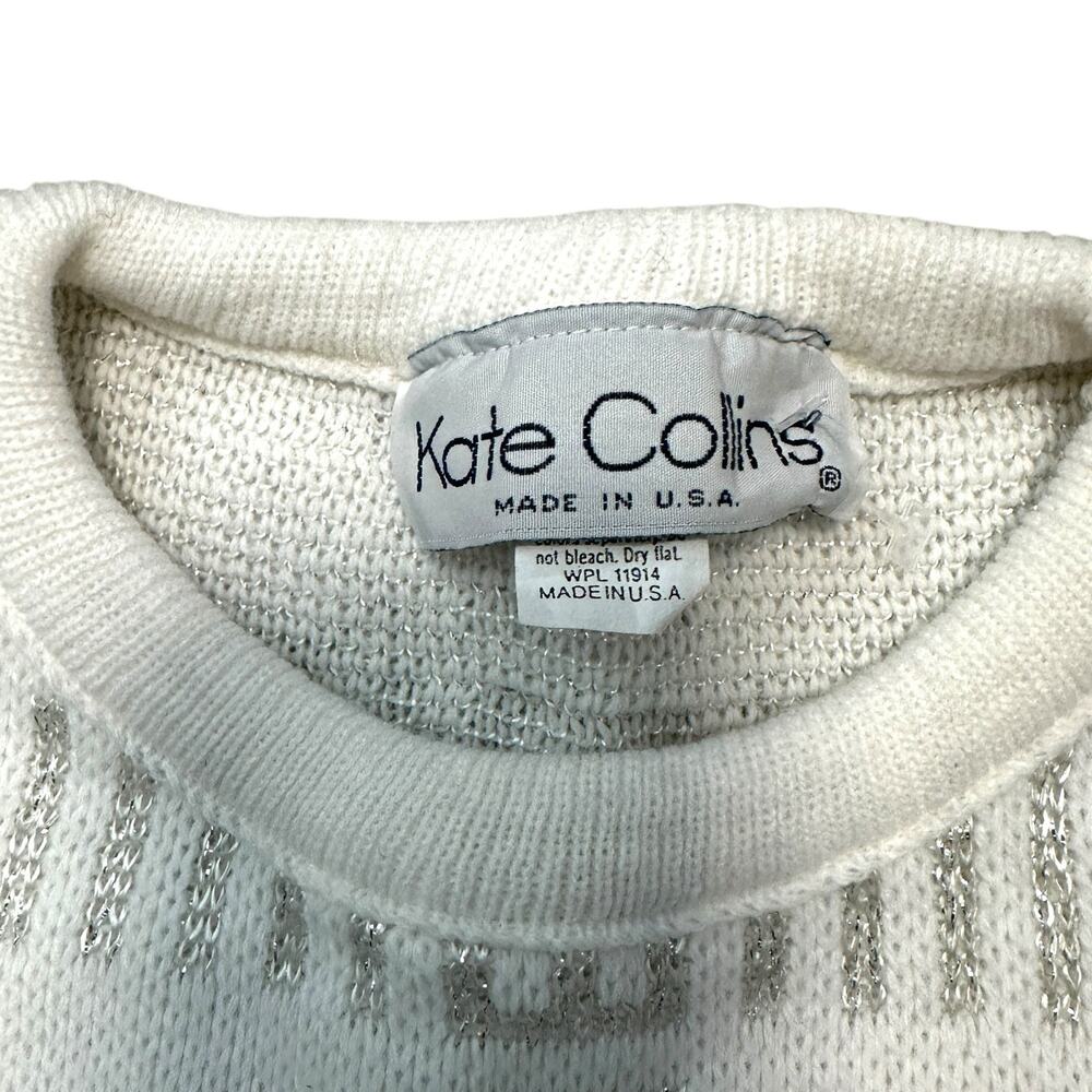 Kate Collins Vintage White Silver Crew Neck Sweater M Metallic Cabin Cottage - Picture 2 of 4